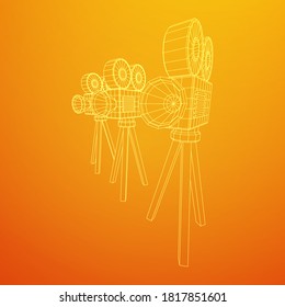 Polygonal camera projector. Movie time. Show film cinema festival concept. Wireframe low poly mesh vector illustration.