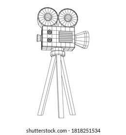 Polygonal camera projector. Movie time. Show film cinema festival concept. Wireframe low poly mesh vector illustration.