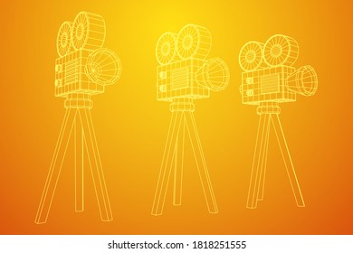 Polygonal camera projector. Movie time. Show film cinema festival concept. Wireframe low poly mesh vector illustration.