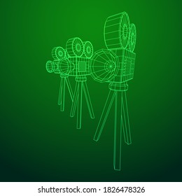 Polygonal camera projector. Movie time. Show film cinema festival concept. Wireframe low poly mesh vector illustration.