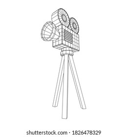 Polygonaler Kameraprojektor. Filmzeit. Konzept des Filmfestivals anzeigen. Wireframe Low-Poly-Mesh, Vektorgrafik.
