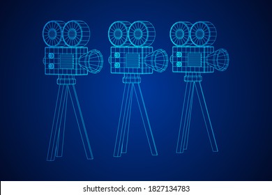 Polygonal camera projector. Movie time. Show film cinema festival concept. Wireframe low poly mesh vector illustration.