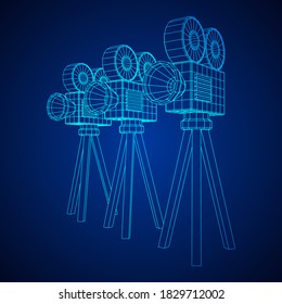 Polygonal camera projector. Movie time. Show film cinema festival concept. Wireframe low poly mesh vector illustration.