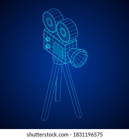 Polygonal camera projector. Movie time. Show film cinema festival concept. Wireframe low poly mesh vector illustration.