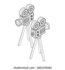 Polygonal camera projector. Movie time. Show film cinema festival concept. Wireframe low poly mesh vector illustration.