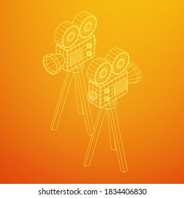 Polygonal camera projector. Movie time. Show film cinema festival concept. Wireframe low poly mesh vector illustration.
