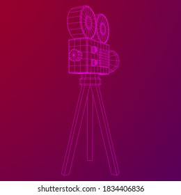 Polygonaler Kameraprojektor. Filmzeit. Konzept des Filmfestivals anzeigen. Wireframe Low-Poly-Mesh, Vektorgrafik.