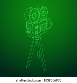 Polygonal camera projector. Movie time. Show film cinema festival concept. Wireframe low poly mesh vector illustration.