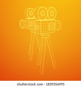 Polygonal camera projector. Movie time. Show film cinema festival concept. Wireframe low poly mesh vector illustration.
