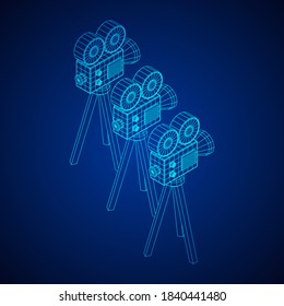 Polygonal camera projector. Movie time. Show film cinema festival concept. Wireframe low poly mesh vector illustration.