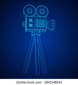 Polygonal camera projector. Movie time. Show film cinema festival concept. Wireframe low poly mesh vector illustration.