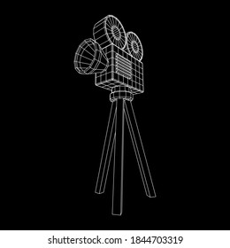 Polygonaler Kameraprojektor. Filmzeit. Konzept des Filmfestivals anzeigen. Wireframe Low-Poly-Mesh, Vektorgrafik.