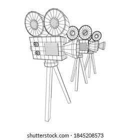 Polygonal camera projector. Movie time. Show film cinema festival concept. Wireframe low poly mesh vector illustration.