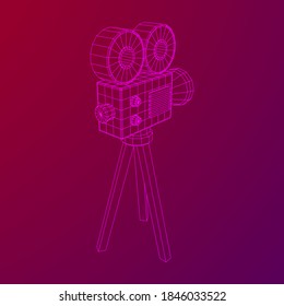 Polygonal camera projector. Movie time. Show film cinema festival concept. Wireframe low poly mesh vector illustration.