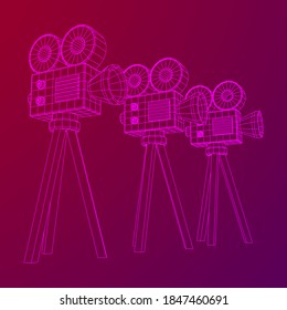 Polygonal camera projector. Movie time. Show film cinema festival concept. Wireframe low poly mesh vector illustration.