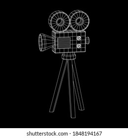 Polygonal camera projector. Movie time. Show film cinema festival concept. Wireframe low poly mesh vector illustration.