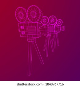 Polygonal camera projector. Movie time. Show film cinema festival concept. Wireframe low poly mesh vector illustration.