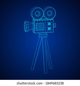 Polygonal camera projector. Movie time. Show film cinema festival concept. Wireframe low poly mesh vector illustration.