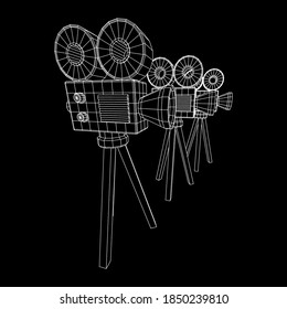 Polygonal camera projector. Movie time. Show film cinema festival concept. Wireframe low poly mesh vector illustration.