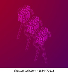 Polygonal camera projector. Movie time. Show film cinema festival concept. Wireframe low poly mesh vector illustration.