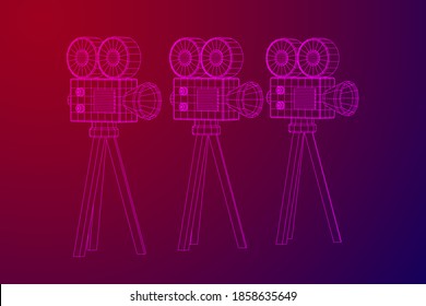 Polygonal camera projector. Movie time. Show film cinema festival concept. Wireframe low poly mesh vector illustration.