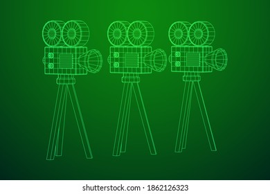 Polygonal camera projector. Movie time. Show film cinema festival concept. Wireframe low poly mesh vector illustration.