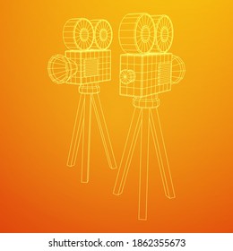 Polygonal camera projector. Movie time. Show film cinema festival concept. Wireframe low poly mesh vector illustration.