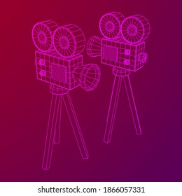 Polygonal camera projector. Movie time. Show film cinema festival concept. Wireframe low poly mesh vector illustration.