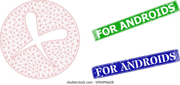 Polygonal cancel model, and For Androids blue and green rectangle textured stamp seals. Mesh carcass symbol based on cancel pictogram. Stamp seals include For Androids caption inside rectangular form.
