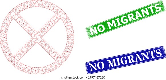 Polygonal cancel model, and No Migrants blue and green rectangle rubber stamps. Polygonal carcass symbol created from cancel pictogram. Stamps have No Migrants tag inside rectangular shape.