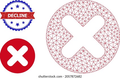 Polygonal cancel wireframe illustration, and bicolor textured Decline seal stamp. Polygonal carcass symbol designed with cancel pictogram.