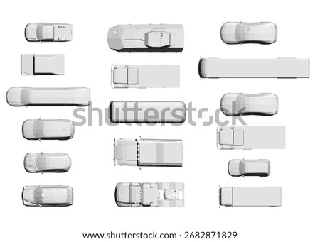 Polygonal car set featuring a white vehicle on a white background from a top-down perspective, showcasing various shapes and sizes in a clean, minimalist style. Top view