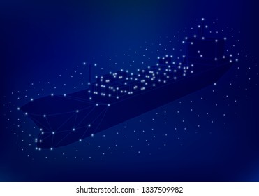 Polygonal cargo ship with containers. Wireframe of the cargo ship. 3D. Vector illustration