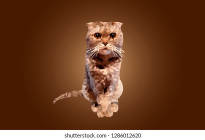 Polygonal cat light brown color sits on a gradient background. British fold cat triangulation. Low poly isolated portrait of kitty