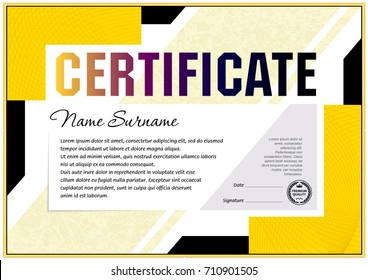 Polygonal certificate blank template. Simple elements, yellow and black colors and soft texture effect.