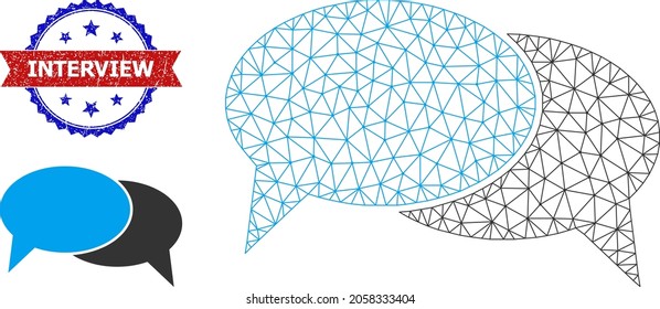 Polygonal chat messages model illustration, and bicolor scratched Interview watermark. Mesh carcass illustration created from chat messages icon.