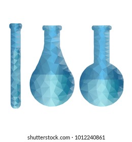 Polygonal chemistry glassware, test tubes isolated from polygon wireframe on white background. Low poly design for science and analyses. Abstract polygonal image mash line and point. Digital graphics