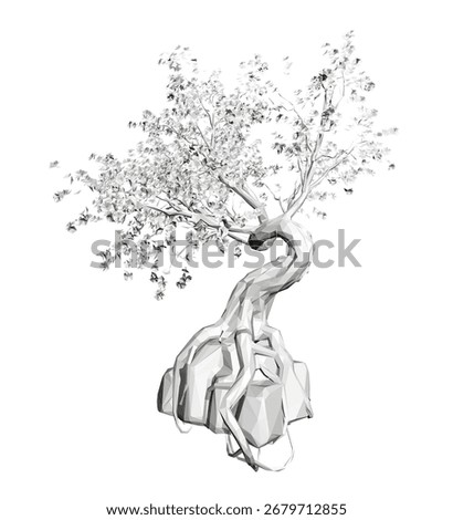 Polygonal cherry bonsai tree with intricate branches and deep green leaves on a stark white background.
