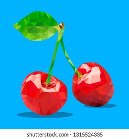 Polygonal Cherry in Vector. Cherry abstract isolated. Low poly style cherry. Cherry. Geometric polygonal fruit. Triangles.