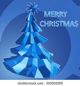 Polygonal Christmas tree on polygonal background. Blue