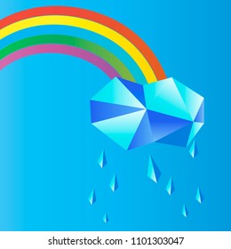 Polygonal cloud, Diamond Rain and rainbow. Synoptic weather logo. Colorful hand drawn vector stock illustration.