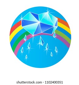 Polygonal cloud, Diamond Rain and rainbow. Synoptic weather logo. Colorful hand drawn vector stock illustration.