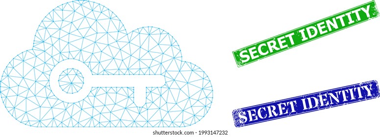 Polygonal cloud key image, and Secret Identity blue and green rectangular corroded stamps. Polygonal carcass symbol is based on cloud key icon.