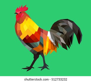 Polygonal cock. Geometric rooster animal. 2017 Happy New Year greeting card. Celebration green background with Rooster and place for your text.