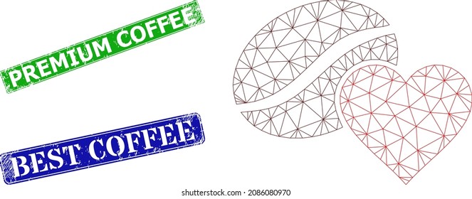 Modelo de amor al café poligonal, y imitaciones sucias de sellado de rectángulo azul y verde del café premium. La ilustración de trama poligonal se basa en el icono de amor por el café.
