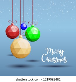 Polygonal color Christmas balls on blue background with snowflake greeting card