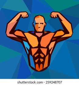 Polygonal colored vector bodybuilder logo. Sportsman shows his biceps. Fitness gym label