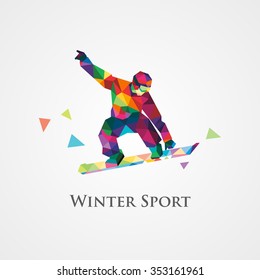 The polygonal colorful figure of a young man snowboarding with on a white and gray background. Vector illustration.