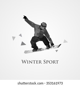 The polygonal colorful figure of a young man snowboarding with on a white and gray background. Vector illustration.