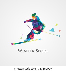 The polygonal colorful figure of a young man snowboarding with on a white and gray background. Vector illustration.